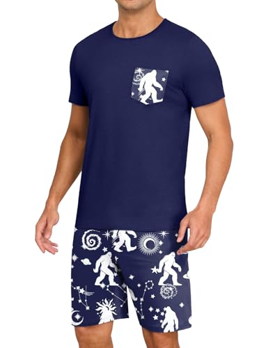 Image of PrinStory Mens Summer Pajamas Set Lightweight Pjs Sets Short Sleeve Pajama Shorts Set Soft Sleepwear Loungewear with Pockets