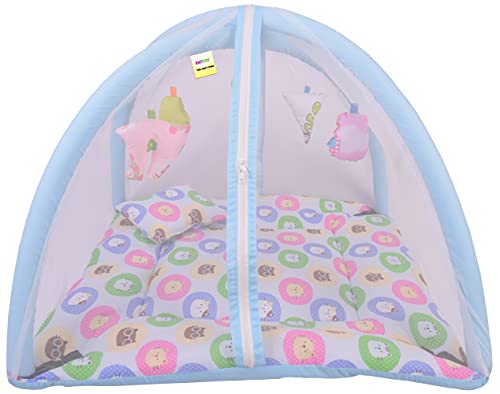 Image of Kwitchy Baby Bedding Set New Born Baby Bed | Mattress | Mosquito Net | Play Gym | Playmats | Floor Gym | Cotton | Infants | Gift Pack | Bed with Hanging Toys (0-6 Months) Blue
