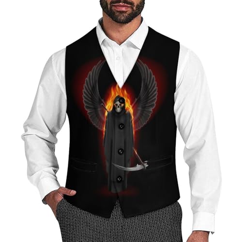 Grim Reaper with Wings Up in Flame Men's Suit Vest Slim Fit V-Ncek Waistcoat Business Casual Vest