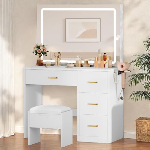 Image of DWVO Vanity Desk Set with Mirror and Lights: Makeup Table with 4 Drawers & Stool, Adjustable LED Lighting, Dressing Table White