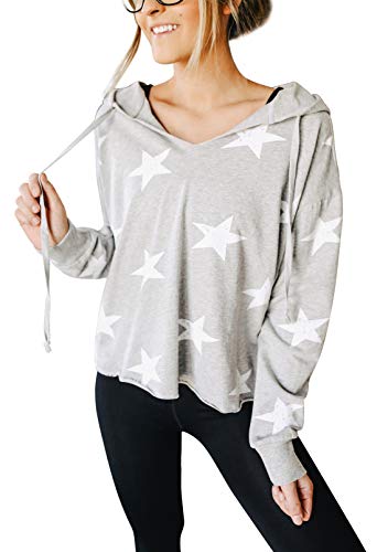 HAPCOPE Women's Long Sleeve V Neck Star Printed Drawstring Hooded Tee Shirt Grey XL