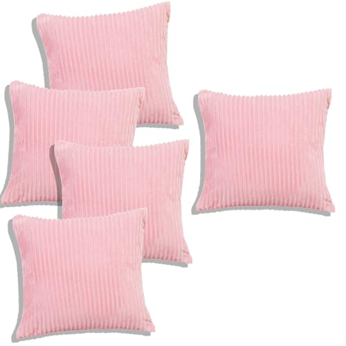 Image of RD TREND Cushion Cover Set of 5, Decorative Sofa Living Room Home Square Cushion Covers 16 Inch x 16 Inch, Aesthetic Corduroy Striped Double Sided (Peach,Pack of 5)