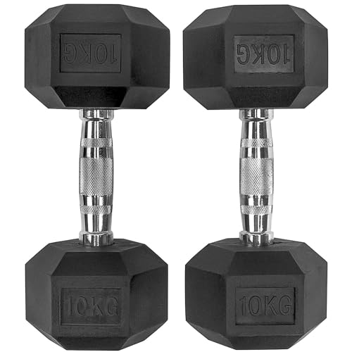 Image of Hex Dumbbell Set - 10kg x 2 = 20kg, Rubber Encased Pairs, Anti-Roll Design, Ergonomic Chrome Handles