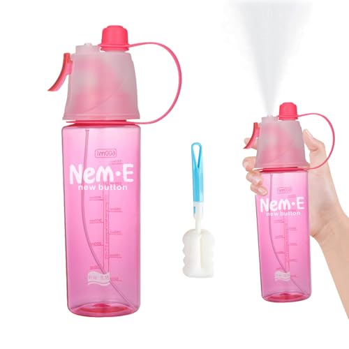 600ml Spray Water Bottle with Cup Brush 2-in-1 Drinking & Misting Sports Bottle Leakproof Water Bottle with Straw for Kids Adults Portable Outdoor Cooling Bottle for Cycling Running Gym Hiking (Pink)