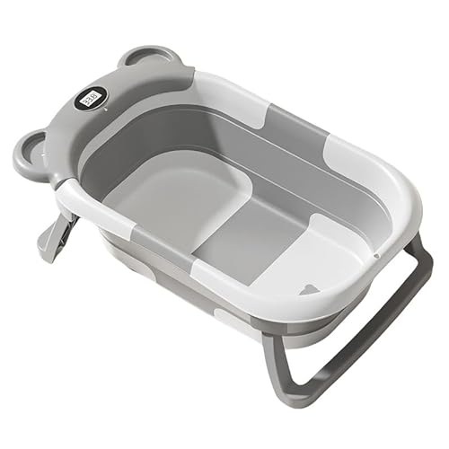 HIYOKU ベビーバスタブ 赤ちゃん風呂桶 折りたたみ式 温度表示付き 沐浴ベビーバス 滑り止め付き ベビーバスタブ 新生児~幼児用 寝かせ洗い/座り洗い両用 収納便利 頑丈設計 TPU+PP素材 マット付き (グレー,感温機能付き)