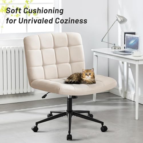 Image of Nutech Decor Armless Office Desk Chair - Linen Fabric Padded Swivel Adjustable Home Office Chair with 360 Wheels, Wide Criss Cross for Desk, Living Room (ND-Linen-Beige-Wheel)
