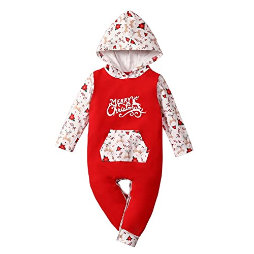 Ritatte Newborn Baby Boy Girl Christmas Jumpsuit Reindeer Long Sleeve Pocket Hooded Romper Infant Xmas One Piece Outfits(80, Poinsettia+Hollye) #TOP16