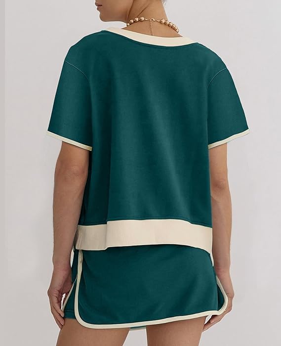 Two Piece Sets for Women Summer Casual Short Sleeve Tshirts and Drawstring Mini Skirts Vacation Lounge Sets - Image 2