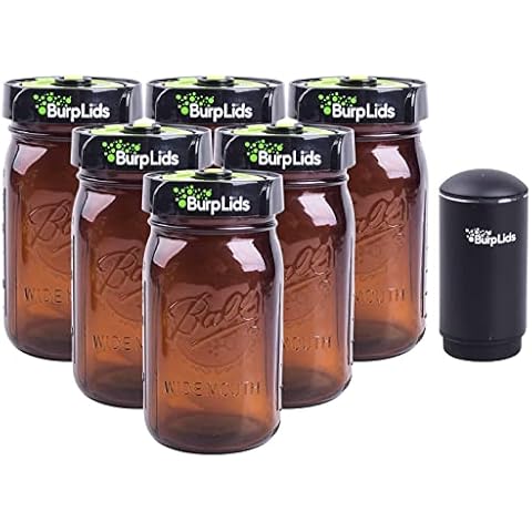 Burp Lids 6 Pack 32oz Amber Jars Curing Kit With AUTO PUMP - Fits All Wide Mouth Mason Jar Containers - 6 lids + 6 Amber Glass Jars + Electric Auto Pump. Vacuum sealed for successful cure Cover
