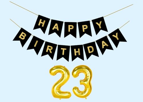 Image of 23rd Happy Birthday Decoration Kit Black for 23 year Old Boys Girls Men Women with Number Twenty-three Party Decorations Decor Celebration Items Item Set Combo Reusable Paper Banner