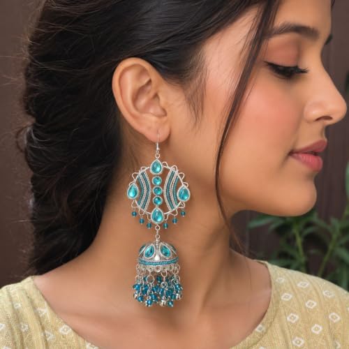 Image of UnfoldSelf Vintage Silver Bollywood Viral Jhumka Earrings | Maula Mere Maula Jhumka Earrings | Statement Ethnic Earrings with Blue Crystal Beads | Oxidised Famous Jewellery for Women & Girls