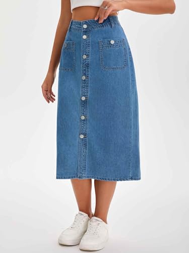 Women's Denim Skirt Button Down Front High Waist Pockets Midi Jean Skirts2