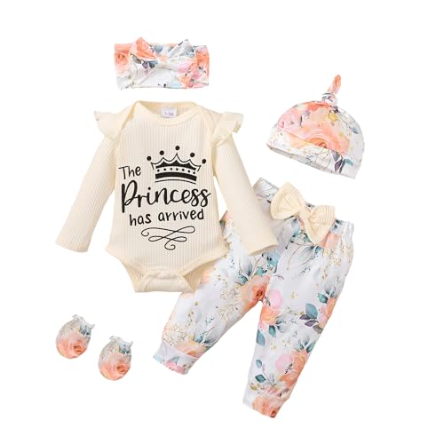 Image of Sinhoon Newborn Baby Girl Clothes Hello I'm New Here Letter Romper+Floral Pants+Hat+Headband+Coming Home Outfits