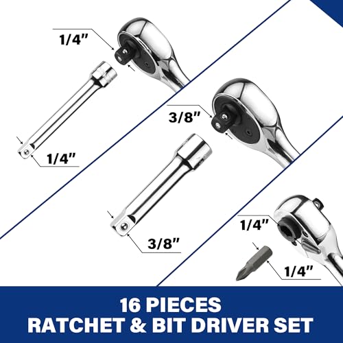 16-Pc WORKPRO Stubby Ratchet & Bit Driver Set (1/4", 3/8" Drive) - image 2