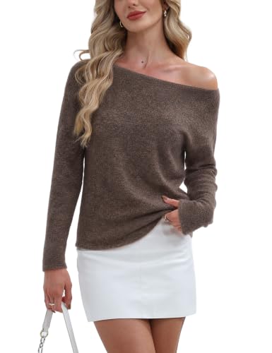 FAlABLE Women's Off Shoulder & Boat Neck Sweater, Soft Cozy Knit Fitted Long Sleeve Pullover Sweaters Tops Fall Winter Brown