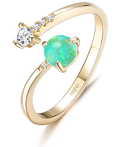 Milacolato 925 Sterling Silver Opal Rings for Women 14K Gold Plated Adjustable Open Band with Cubic Zirconia Stacking Mid Finger Rings October Birthstone Jewelry Gift with Box, Green Opal