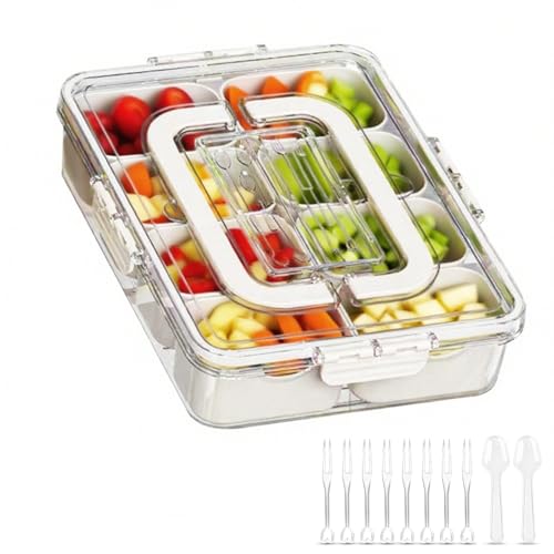 Sudnsadaks Snack Box con Tapa y Asa, Bandeja Dividida para Aperitivos, Caja de Snacks con 8 Compartimentos Extraíbles, Contenedor Almacenamiento Alimentos Portátil para Picnics y Reuniones Familiares