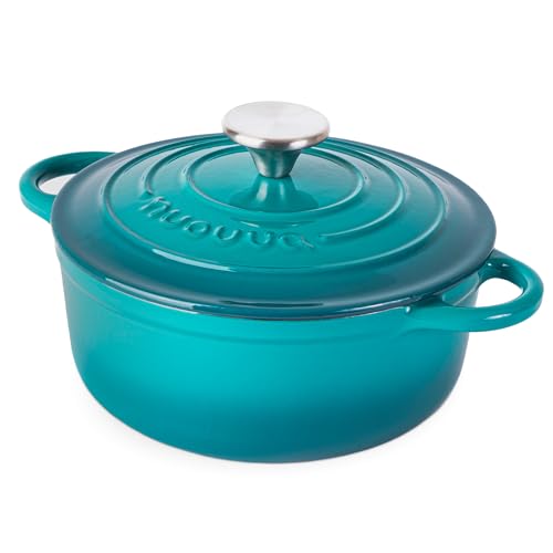 Cocotte en Fonte Émaillée – Casserole Faitout avec Couvercle, Antiadhésif, Marmite pour Induction et Four, 2.1 Liter – Turquoise – par Nuovva