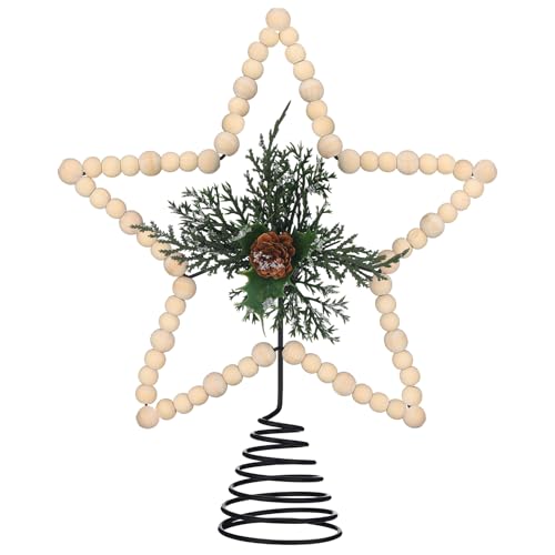 Christmas Beaded Star Tree Topper Farmhouse Christmas Tree Topper Rustic Star Tree Topper with Berries Pinecones Neutral Christmas Star Tree Topper for Xmas Tree DecorationsConeWooden