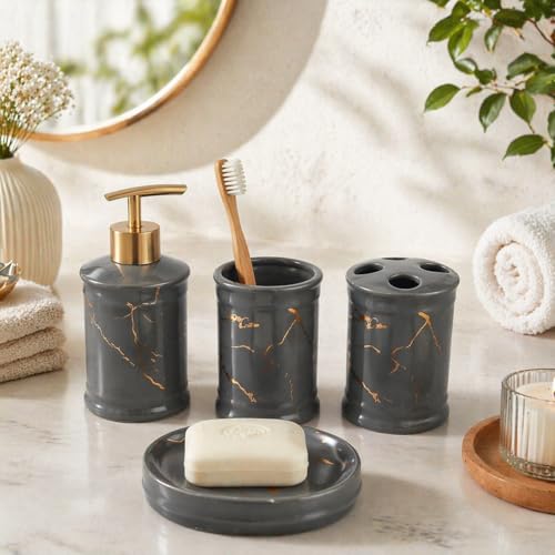 Image of Whizzo Ceramic Bathroom Set - Italian 4 Piece Bath Accessories Set with Soap Dispenser, Toothbrush Holder, Tumbler & Soap Dish - Modern & Designer Decor for Home & Guest Bathrooms (BS-822-GREY)