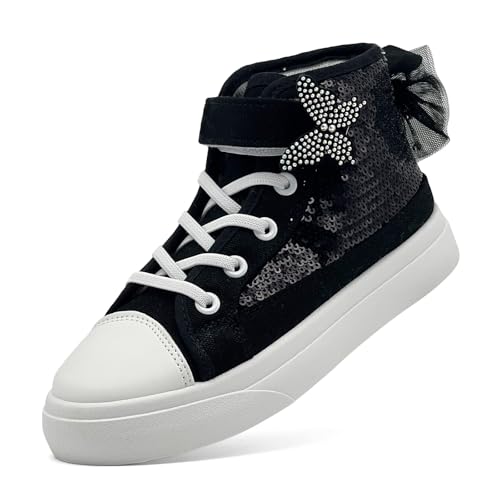 Toddler Sneakers for Girls Boys Canvas High Top Kids Fashion Sparkle Sequins Bow Shoes Running Walking Casual Shoes Black