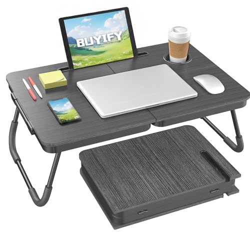 BUYIFY Foldable Laptop Bed Desk for Couch, Sofa - Large Lap Desk Tray Table with Cup Holder and Tablet Slot - Portable Notebook Stand for Eating, Writing, Studying and WFH (Black)- USA Original Patent