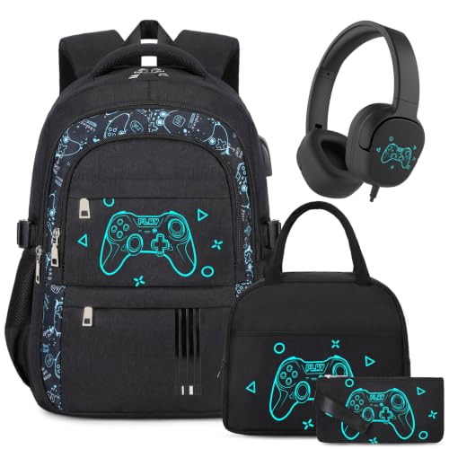 Image of ACESAK 4PCS Boys Backpack with Wired Headphones, Lunch Bag & Pencil Case | Lightweight School Backpack with 3.5mm Wired Headphones for School Kids Children Kindergarten Elementary, Black Game