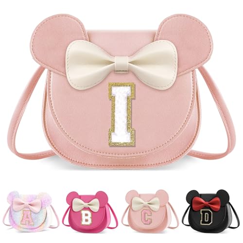 XSUIOY Toddler Purse Girl Wallet for Kids 2-9 Year Old Birthday Gifts,Cute Mouse Ear Bow Crossbody Shoulder Purses,Personalized Initial Purse Toddler Wallet Gifts for Little Girl(pink_I)