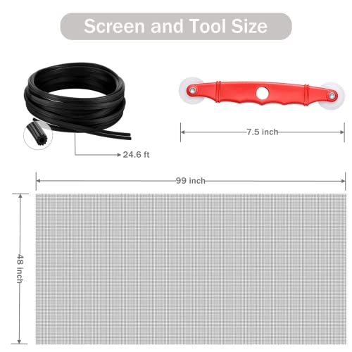 Sakurry Window Screen Replacement Kit, 48'' X 99'' Fiberglass Screen Mesh With Rolling Tool And Screen Retainer Spline, Diy Adjustable Screen Door Mesh For Window, Door And Patio, Gray #TOP1