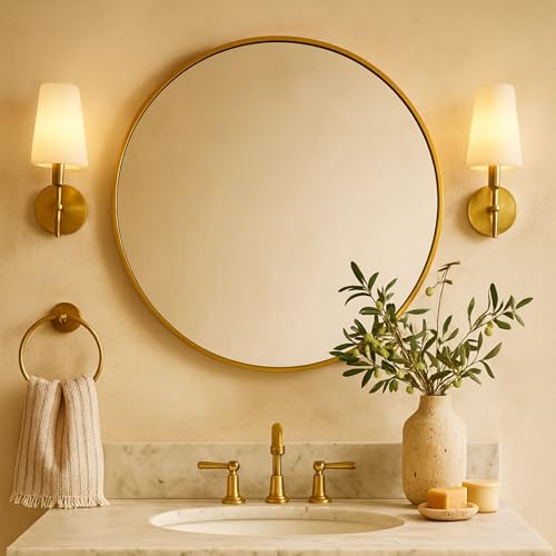 Image of TEHOME Round Gold 36 inch, Brushed Brass Gold Wall Mirror for Bathroom Vanity,Bedroom & Entryway