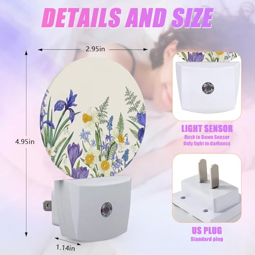 Image of Wildflowers Night Light Spring Floral Night Lights LED Lamp Round Plug into Wall Nightlight with Dusk to Dawn Sensor Home Hallway Stairway Kitchen Decor