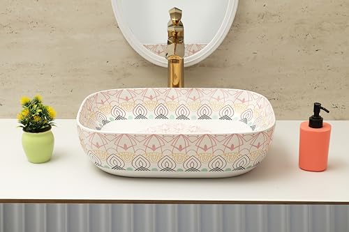 Image of Moroccan Design Ceramic Tabletop Wash Basin | Countertop Vessel Sink | Wash Basin over counter For Bathroom Hotel Home (18x13x5.5 Inch) (TORO 4014) (Moroccan Design 113)