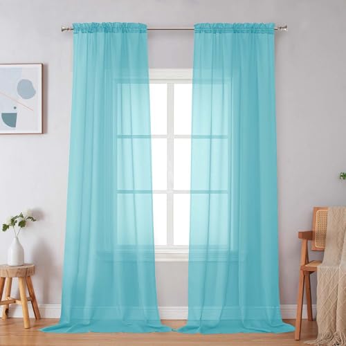 Image of Simplebrand Aqua Sheer Curtains 96 Inches Long, Light Filtering Rod Pocket Solid Color Window Sheer Curtain Panels, Elegant Curtains & Drapes for Living Room, Bedroom 2 Panels (Aqua, 42 inch W x 96 inch L)