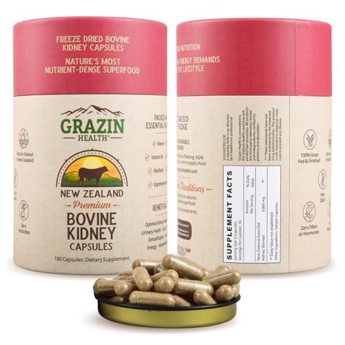 GRAZIN HEALTH Grass Fed Bovine Kidney Capsules 3000mg | Whole Food Kidney Support Supplement from Pasture-Raised New Zealand Beef Organs | Non-GMO Hormone-Free Nutrient-Dense 30 Servings