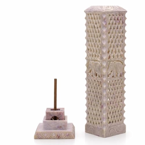Image of Handmade Marble Soapstone Incense Stick Burner | Dhoop Batti Stand, Candle Holder, Tea Light Burner, Jaali Carving, 3 x 3 x 11 Inches