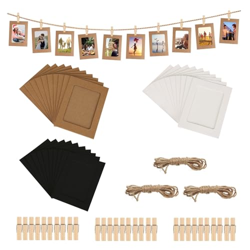 30 Piezas Marco de Fotos de Papel Kraft, Marco de Fotos Carton con 30 Pinzas & 2 Cuerda de Yute,DIY Marcos de Fotos para Colgar Fotos,para Cumpleaños, Boda, Fiesta, Aniversario