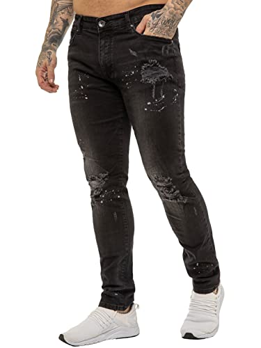 989Zé ENZO Mens Skinny Jeans Ripped Splash Stretch Denim Jean EZ419 Slim Fit Pants Black 36 R