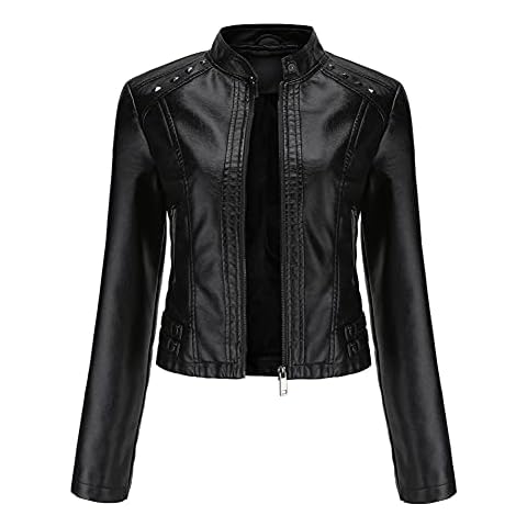 YYNUDA Damen Lederjacke Kurz Bikerjacke Stehkragen Reißverschluss Leder Jacke Übergangsjacke Cover