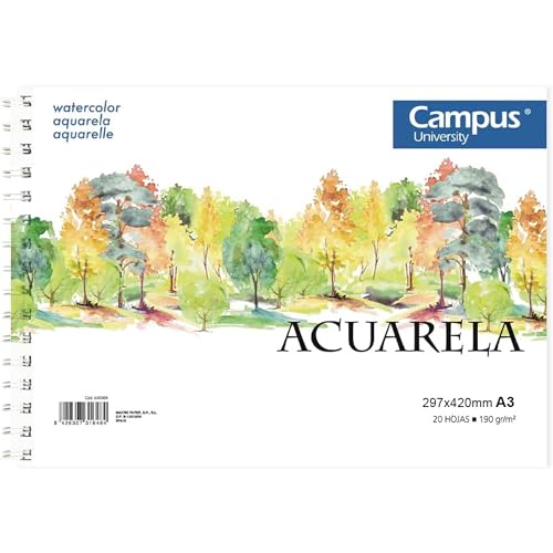 Campus University - Bloc de Dibujo A3 Papel de Acuarela con Espiral 20 Hojas 190 gramos en Blanco para Acuarela, Aguada, Témperas (A3)