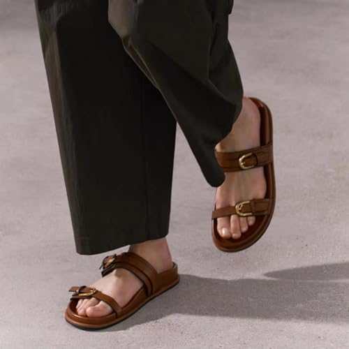 Women's Flat Sandals Open Toe Double Buckle Adjustable Slide Sandal Rubber Footbed Summer Comfort Slippers2