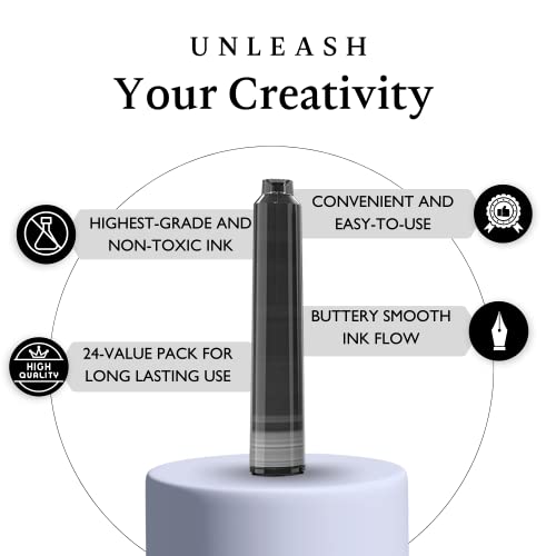 Image of Ellington Pens 24 Black Fountain Pen Ink Refills - 24 Pack International Standard Size Cartridges - Ink for Fountain Pens - Premium Quality & Non-Toxic, Long-Lasting & Waterproof, Dries Quickly