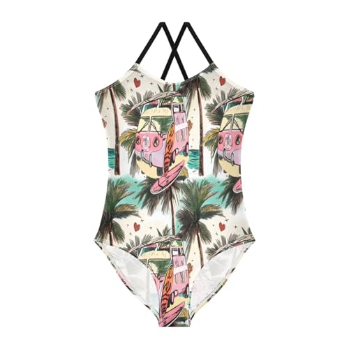 Girl Bathing Suits Beach Apparel 3-10 Y with Adjustable Shoulder Strap, Vintage Pink Van Surfboard
