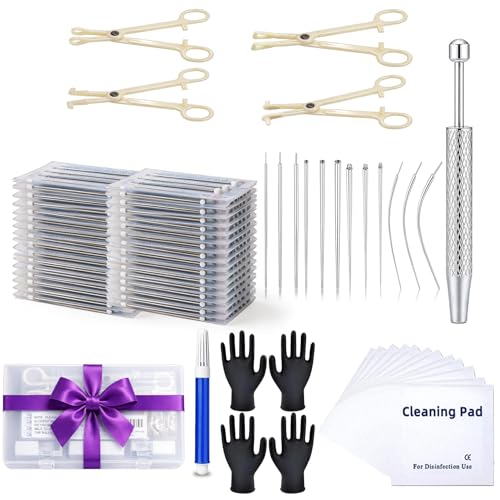 zygc 60Pcs Body Piercing Tool Kit with Jewelry Grabber, 12 Piercing Tapers, 25 Needles 12G 14G 16G 18G 20G, 4 Clamps, Gloves, Marker, Cleaning Pads, Storage Box for Ear Nose Lip Navel Piercing