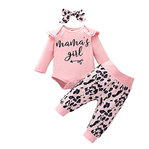 Newborn Baby Girl Clothes Outfits, Toddler Baby Girl Clothes Set Ruffle T-Shirt + Pant Set with Headband (Pink, 12-18Months)