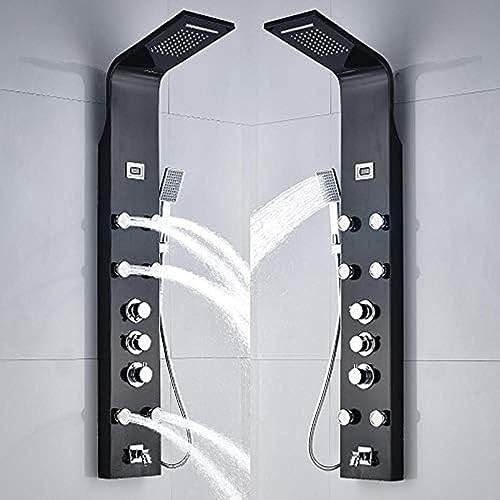 Panel de ducha con efecto cascada y sistema de masaje, grifería termostática para bañera y duchador de mano, columna de ducha tipo waterfall, acabado cepillado miniatura 5