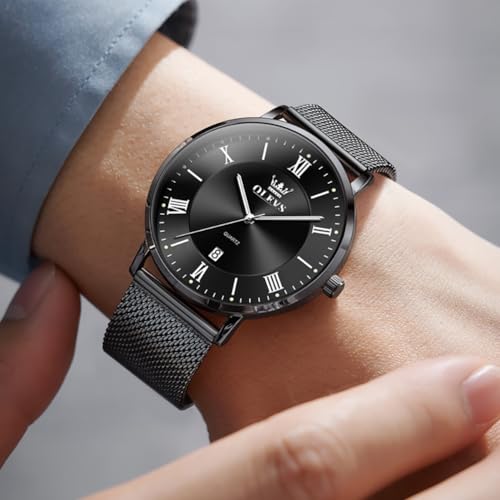 OLEVS Watches for Men Analog Quartz Fashion Dress Analog Quartz Minimalist Simple Slim Thin Stainless Steel Mesh Strap Waterproof Date Mens Watches