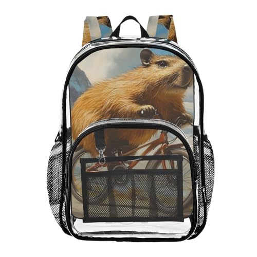 Capybara Bike Funny Clear Backpack, PVC Transparent Bag with Large Capacity for Boys, Girls, Men, Women, See Through Bookbag for School Work College Travel
