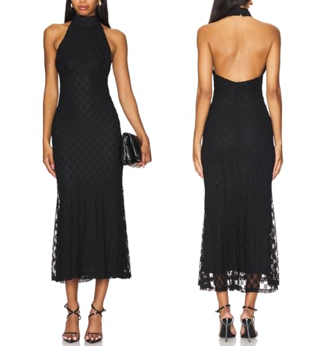 JLCNCUE Women's Elegant Halter Neck Floral Lace Mermaid Maxi Dress Sleeveless Open Back Cocktail Wedding Guest Dress 399