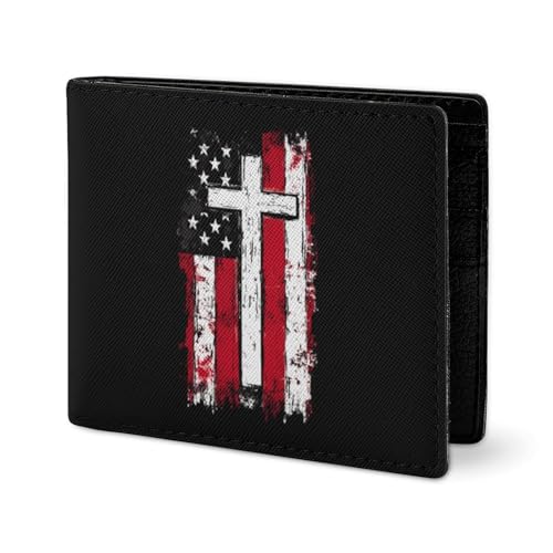 God Bless American U.S. Flag Crosses Bifold Wallet RFID Blocking Slim Credit Card Holder with with ID Window for Men Women2