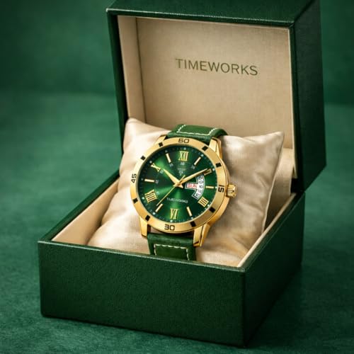 Image of TIMEWORKS Stainless Steel Designer Golden Round Shape Day & Date Dial Men's & Boy's Analog Watch, Band Color:Gold
